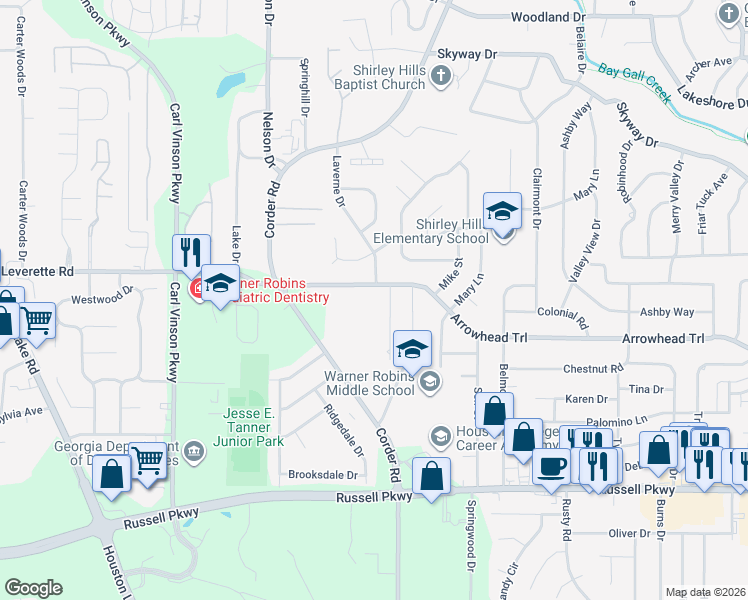map of restaurants, bars, coffee shops, grocery stores, and more near 823 Arrowhead Trail in Warner Robins