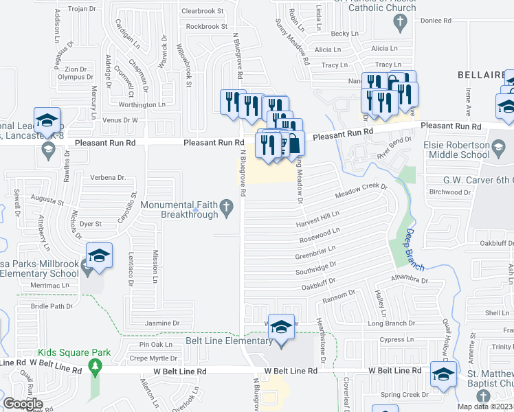 map of restaurants, bars, coffee shops, grocery stores, and more near 1349 Meadow Creek Drive in Lancaster