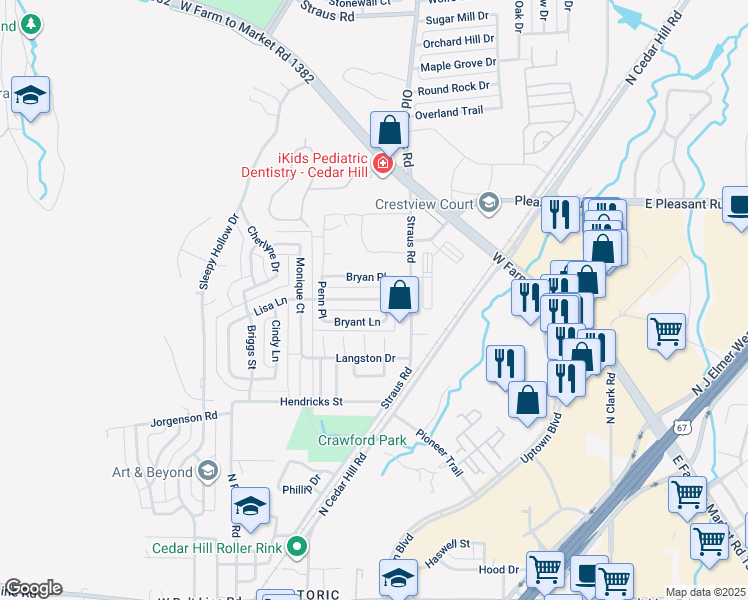 map of restaurants, bars, coffee shops, grocery stores, and more near 342 Lisa Lane in Cedar Hill