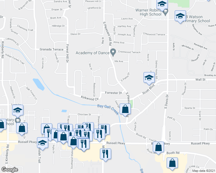 map of restaurants, bars, coffee shops, grocery stores, and more near 129 Garland Terrace in Warner Robins