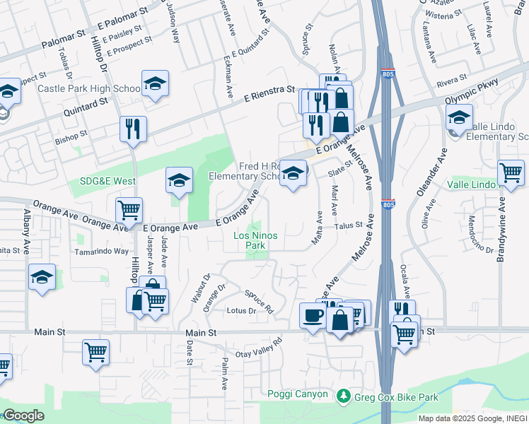 map of restaurants, bars, coffee shops, grocery stores, and more near 1574 Max Avenue in Chula Vista