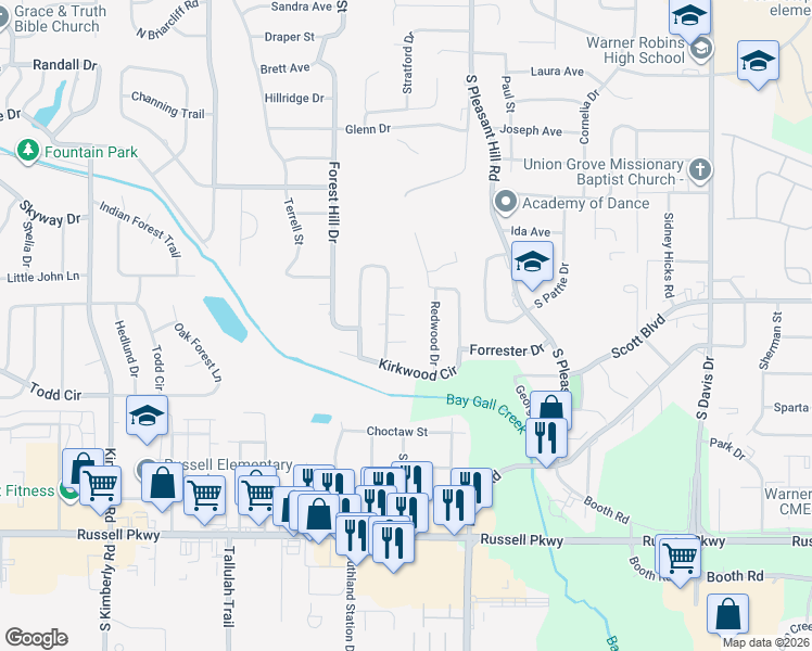 map of restaurants, bars, coffee shops, grocery stores, and more near 102 Kim Way in Warner Robins