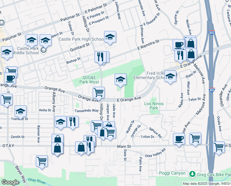 map of restaurants, bars, coffee shops, grocery stores, and more near 1465 Jade Court in Chula Vista