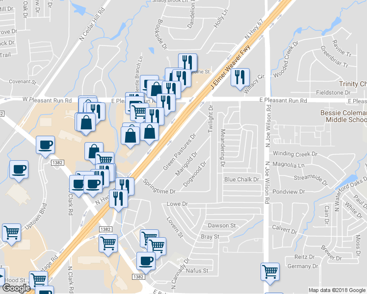 map of restaurants, bars, coffee shops, grocery stores, and more near 811 Green Pastures Drive in Cedar Hill