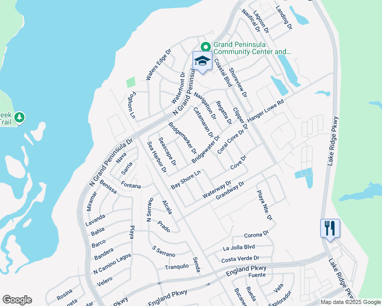 map of restaurants, bars, coffee shops, grocery stores, and more near 6967 Bridgemarker Drive in Grand Prairie