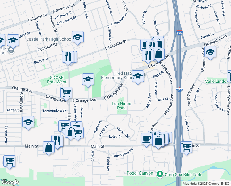 map of restaurants, bars, coffee shops, grocery stores, and more near 126 East Orange Avenue in Chula Vista