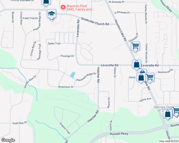 map of restaurants, bars, coffee shops, grocery stores, and more near 717 Pheasant Ridge Dr in Warner Robins