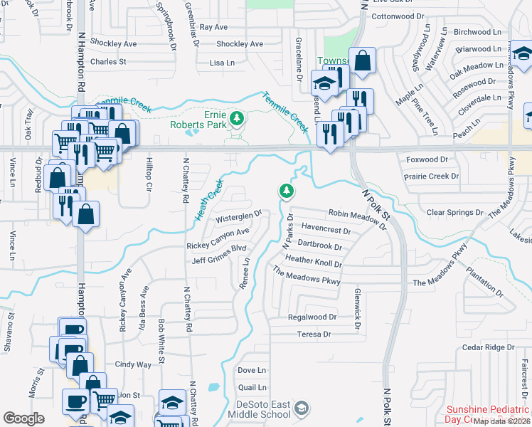 map of restaurants, bars, coffee shops, grocery stores, and more near 609 Wisterglen Drive in DeSoto