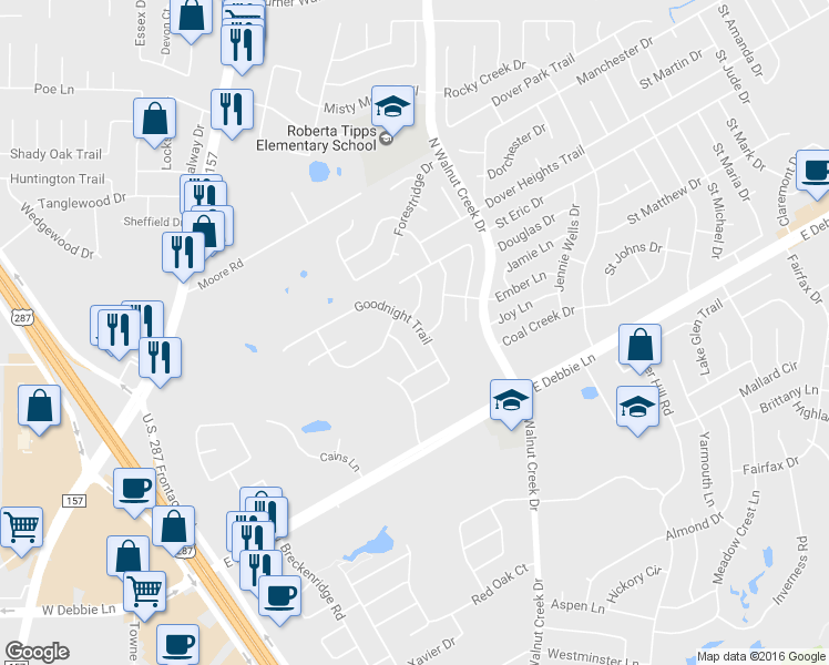 map of restaurants, bars, coffee shops, grocery stores, and more near 2511 Goodnight Trail in Mansfield