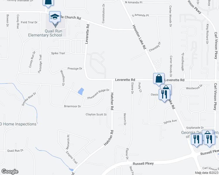 map of restaurants, bars, coffee shops, grocery stores, and more near 723 Pheasant Ridge Drive in Warner Robins