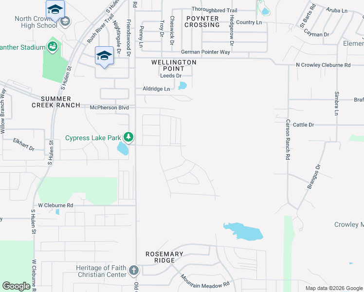 map of restaurants, bars, coffee shops, grocery stores, and more near 9715-9757 West Cleburne Road in Crowley