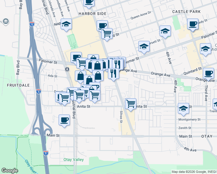map of restaurants, bars, coffee shops, grocery stores, and more near in Chula Vista