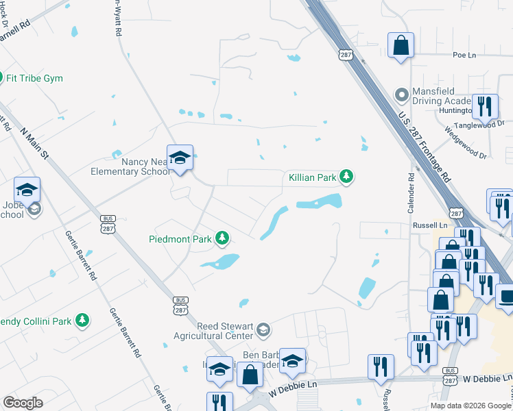 map of restaurants, bars, coffee shops, grocery stores, and more near 1103 Sunland Court in Mansfield
