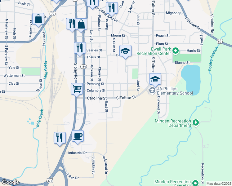map of restaurants, bars, coffee shops, grocery stores, and more near 1106 Young Street in Minden