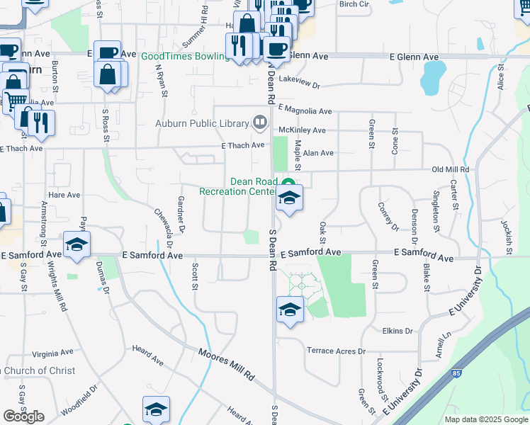 map of restaurants, bars, coffee shops, grocery stores, and more near 328 South Dean Road in Auburn