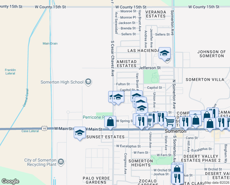 map of restaurants, bars, coffee shops, grocery stores, and more near S Avenue F in Somerton