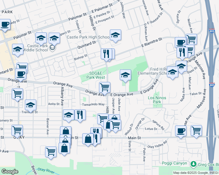 map of restaurants, bars, coffee shops, grocery stores, and more near 1465 Hilltop Drive in Chula Vista