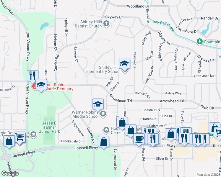map of restaurants, bars, coffee shops, grocery stores, and more near 804 Arrowhead Trail in Warner Robins