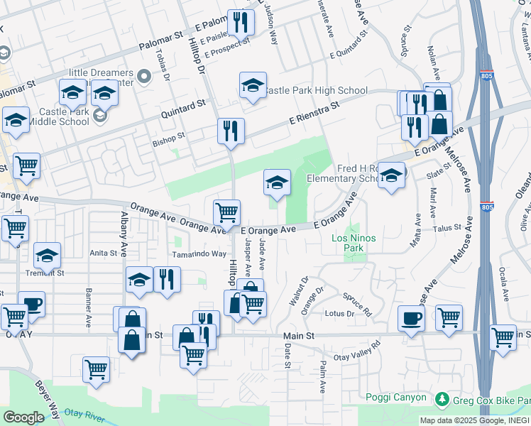 map of restaurants, bars, coffee shops, grocery stores, and more near 1465 Jade Ct in Chula Vista
