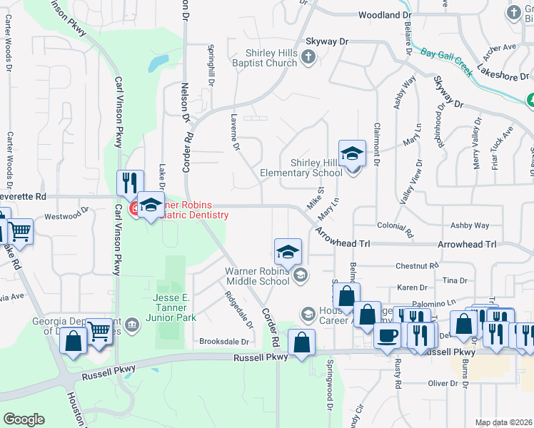 map of restaurants, bars, coffee shops, grocery stores, and more near 823 Arrowhead Trail in Warner Robins