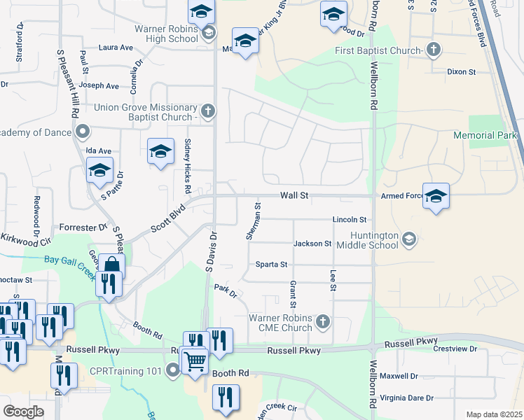 map of restaurants, bars, coffee shops, grocery stores, and more near 98 Sherman Street in Warner Robins