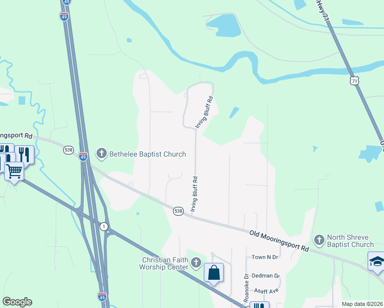 map of restaurants, bars, coffee shops, grocery stores, and more near 620 Irving Bluff Road in Shreveport