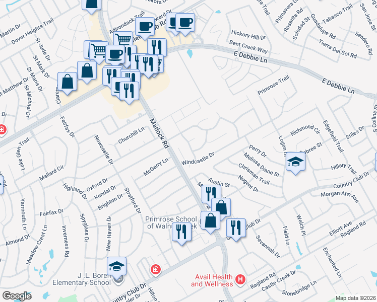 map of restaurants, bars, coffee shops, grocery stores, and more near 2607 Ridgeoak Trail in Mansfield