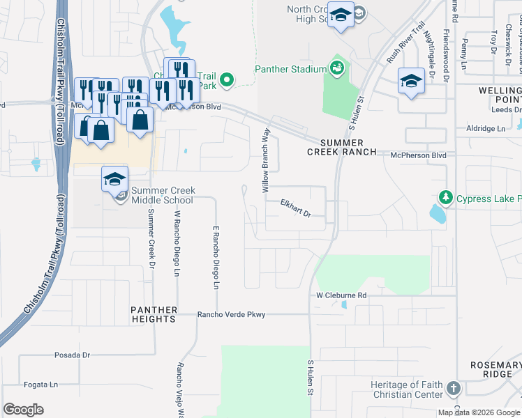 map of restaurants, bars, coffee shops, grocery stores, and more near 9712 Willow Branch Way in Crowley