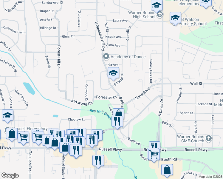 map of restaurants, bars, coffee shops, grocery stores, and more near 141 Garland Terrace in Warner Robins