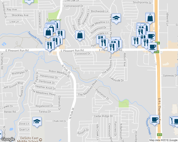 map of restaurants, bars, coffee shops, grocery stores, and more near Clear Springs Drive in DeSoto