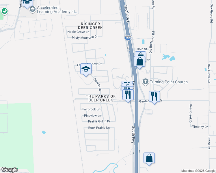 map of restaurants, bars, coffee shops, grocery stores, and more near 10701 Ivy Creek Lane in Fort Worth