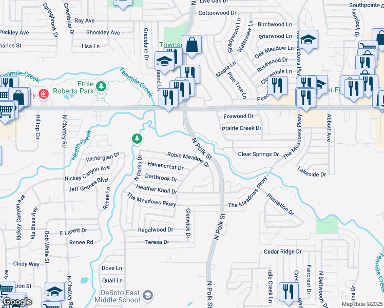 map of restaurants, bars, coffee shops, grocery stores, and more near 741 Robin Meadow Drive in DeSoto