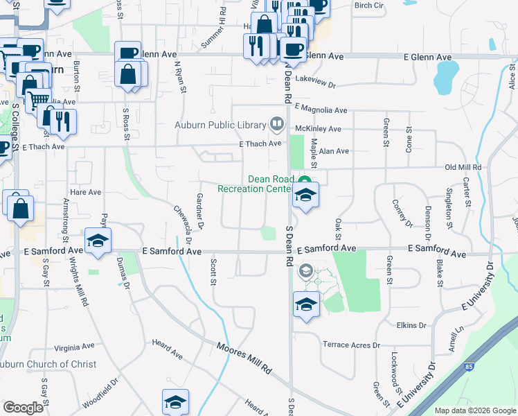 map of restaurants, bars, coffee shops, grocery stores, and more near 351 Bowden Drive in Auburn
