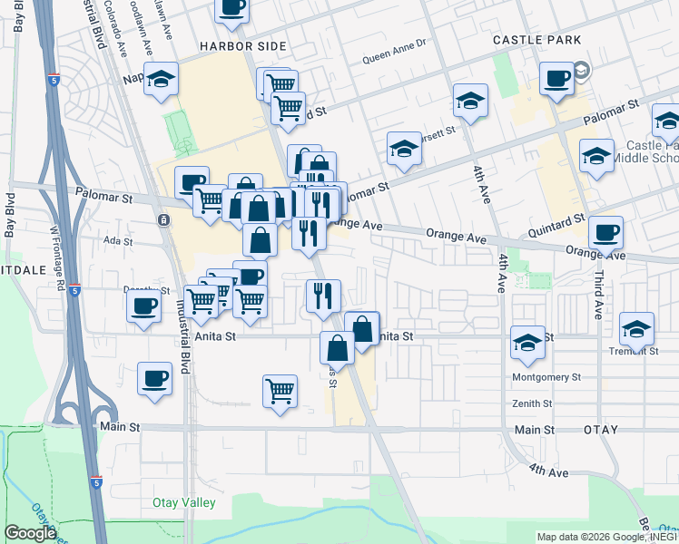 map of restaurants, bars, coffee shops, grocery stores, and more near 1403 Broadway in Chula Vista
