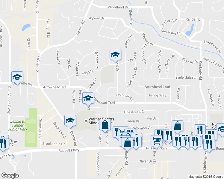 map of restaurants, bars, coffee shops, grocery stores, and more near 104 Belmont Drive in Warner Robins
