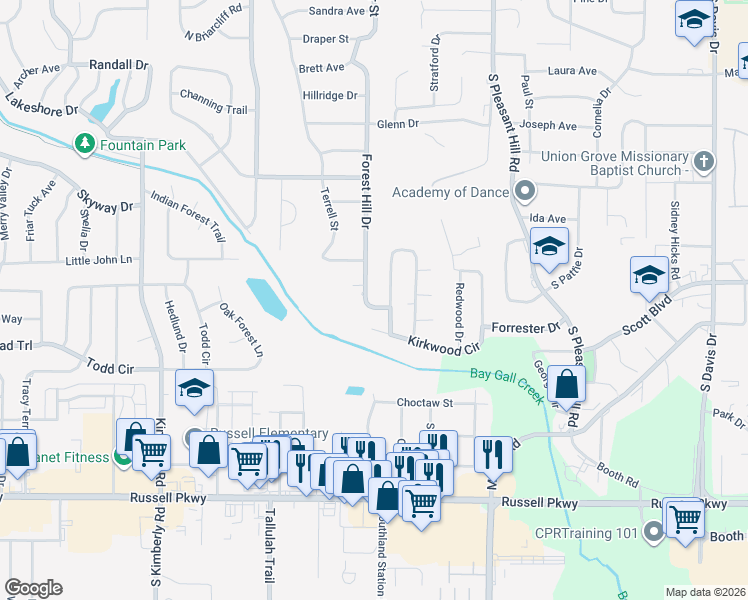 map of restaurants, bars, coffee shops, grocery stores, and more near 324 Forest Hill Drive in Warner Robins