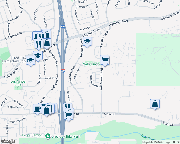 map of restaurants, bars, coffee shops, grocery stores, and more near 1575 Mendocino Drive in Chula Vista