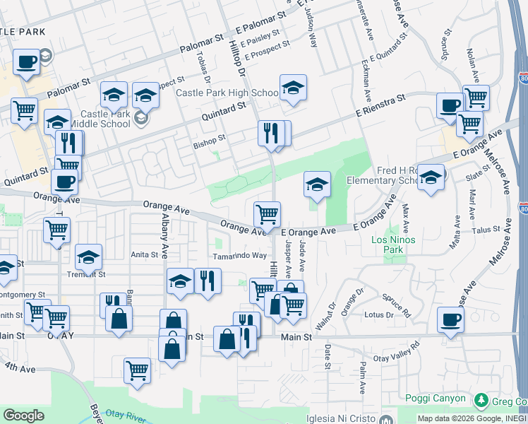 map of restaurants, bars, coffee shops, grocery stores, and more near 1448 Platano Court in Chula Vista