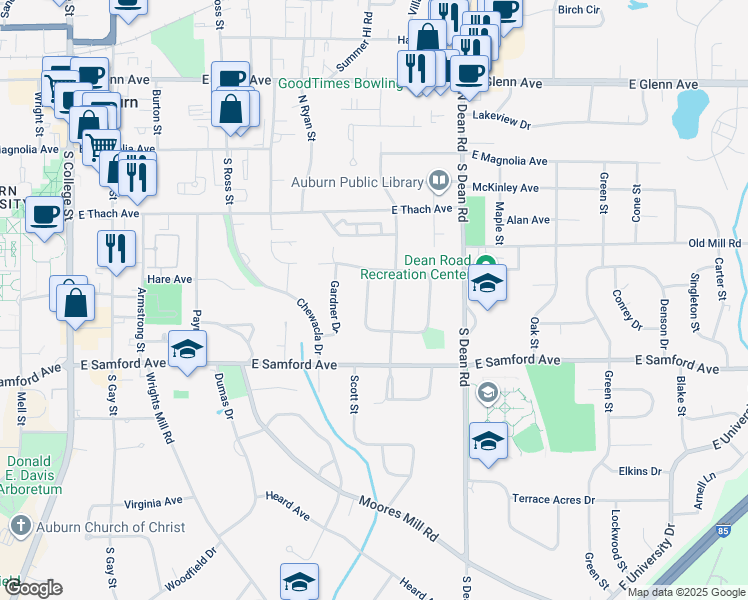 map of restaurants, bars, coffee shops, grocery stores, and more near 309 Bowden Drive in Auburn