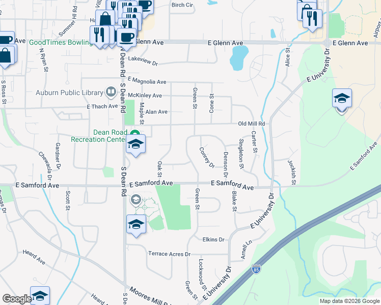 map of restaurants, bars, coffee shops, grocery stores, and more near 247 Green Street in Auburn