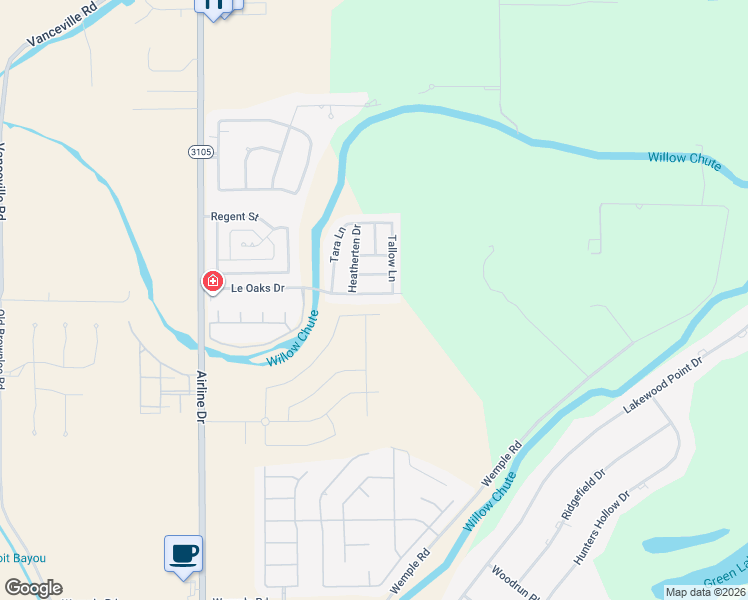 map of restaurants, bars, coffee shops, grocery stores, and more near 3140 Le Oaks Drive in Bossier City