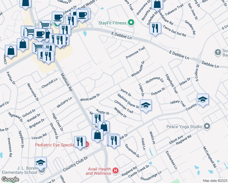 map of restaurants, bars, coffee shops, grocery stores, and more near 2001 Melissa Diane Street in Mansfield