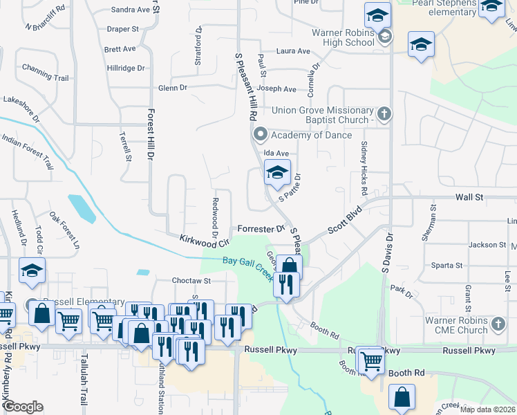 map of restaurants, bars, coffee shops, grocery stores, and more near 136 Garland Terrace in Warner Robins