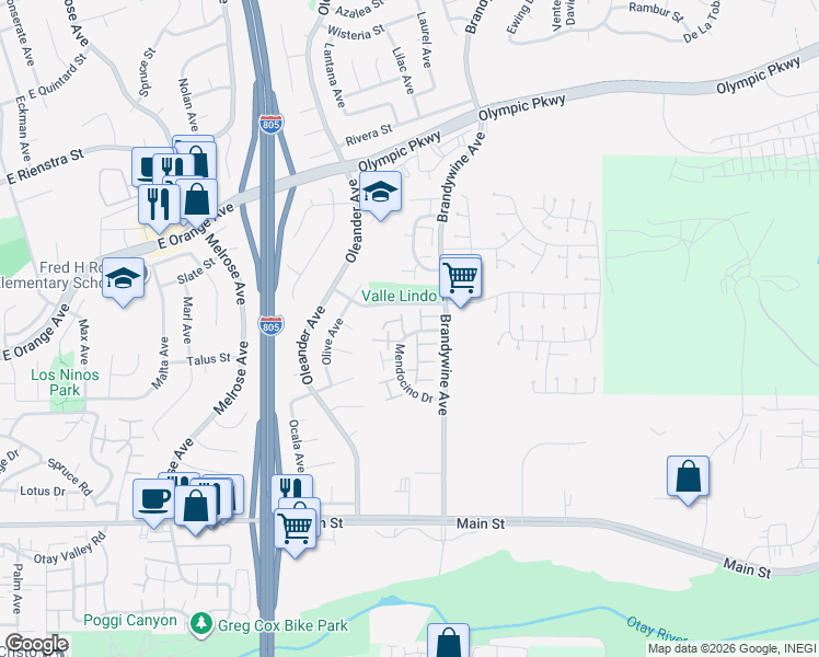 map of restaurants, bars, coffee shops, grocery stores, and more near 1565 Mendocino Drive in Chula Vista