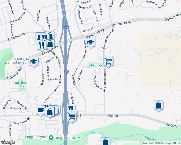 map of restaurants, bars, coffee shops, grocery stores, and more near 1575 Mendocino Drive in Chula Vista