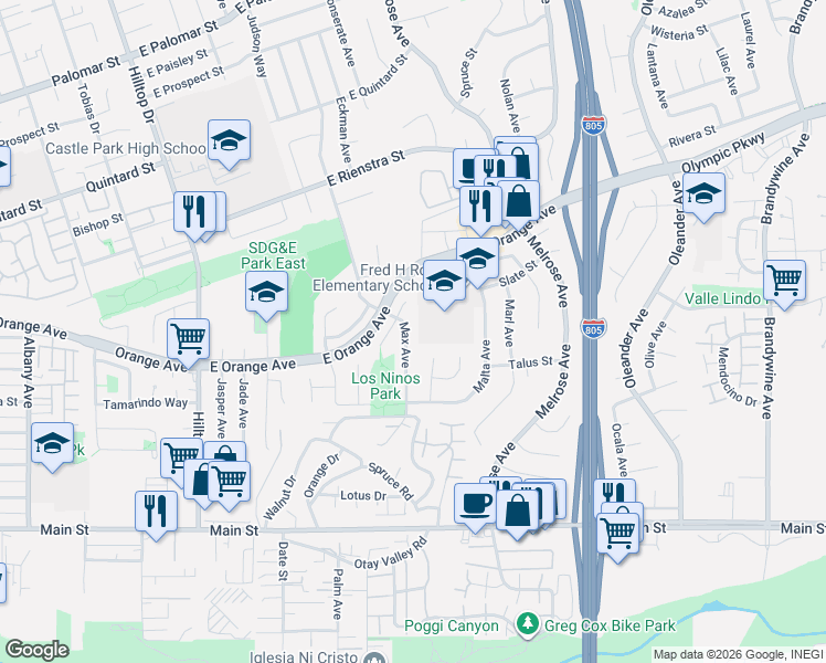 map of restaurants, bars, coffee shops, grocery stores, and more near 1574 Max Avenue in Chula Vista