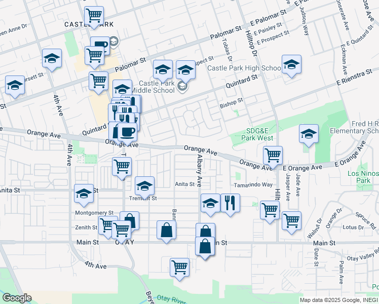 map of restaurants, bars, coffee shops, grocery stores, and more near 155 Bethune Way in Chula Vista