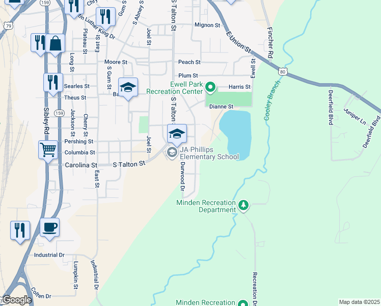 map of restaurants, bars, coffee shops, grocery stores, and more near 808 Woods Street in Minden