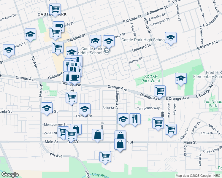 map of restaurants, bars, coffee shops, grocery stores, and more near 155 Bethune Way in Chula Vista
