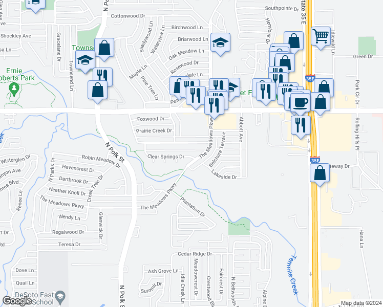 map of restaurants, bars, coffee shops, grocery stores, and more near 1021 Clear Springs Drive in DeSoto